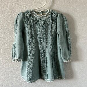 Cynthia Rowley- Green-blue Knit Baby Dress with Floral Accents, 12 Months